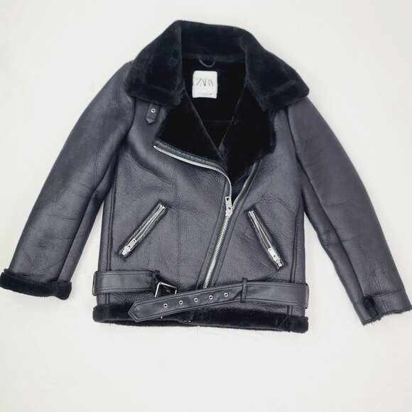 Zara Women's Black Aviator Faux Leather Shearling Double-Faced Biker Jacket XS - Picture 2 of 11